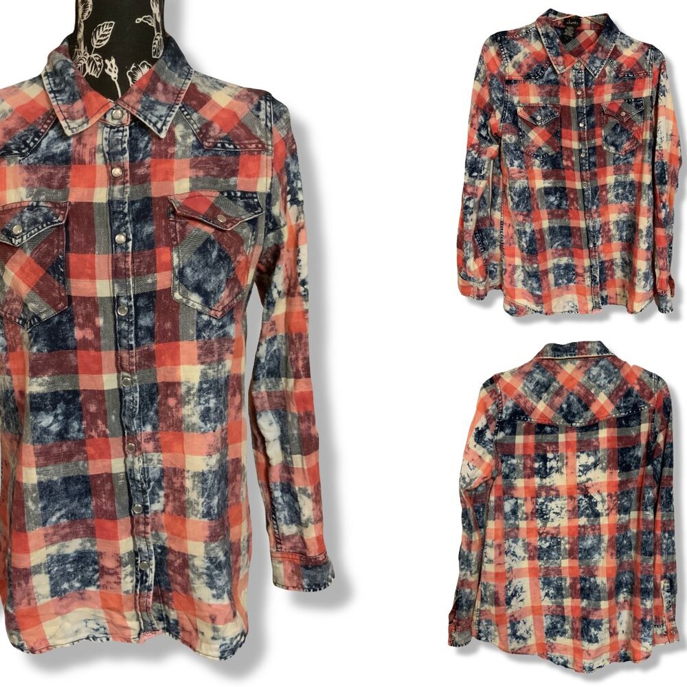 Justify Collar Denium Western Double Pocket Button Snap Pearl Plaid Women L Red